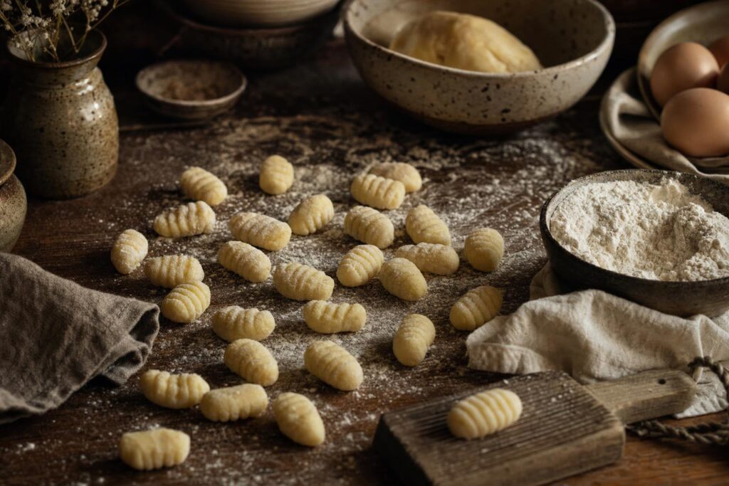 Frisch geformte, ungekochte Gnocchi auf bemehlter Holzfläche, umgeben von Mehl, Eiern und Teig in Schüsseln, in gemütlicher Küchenatmosphäre