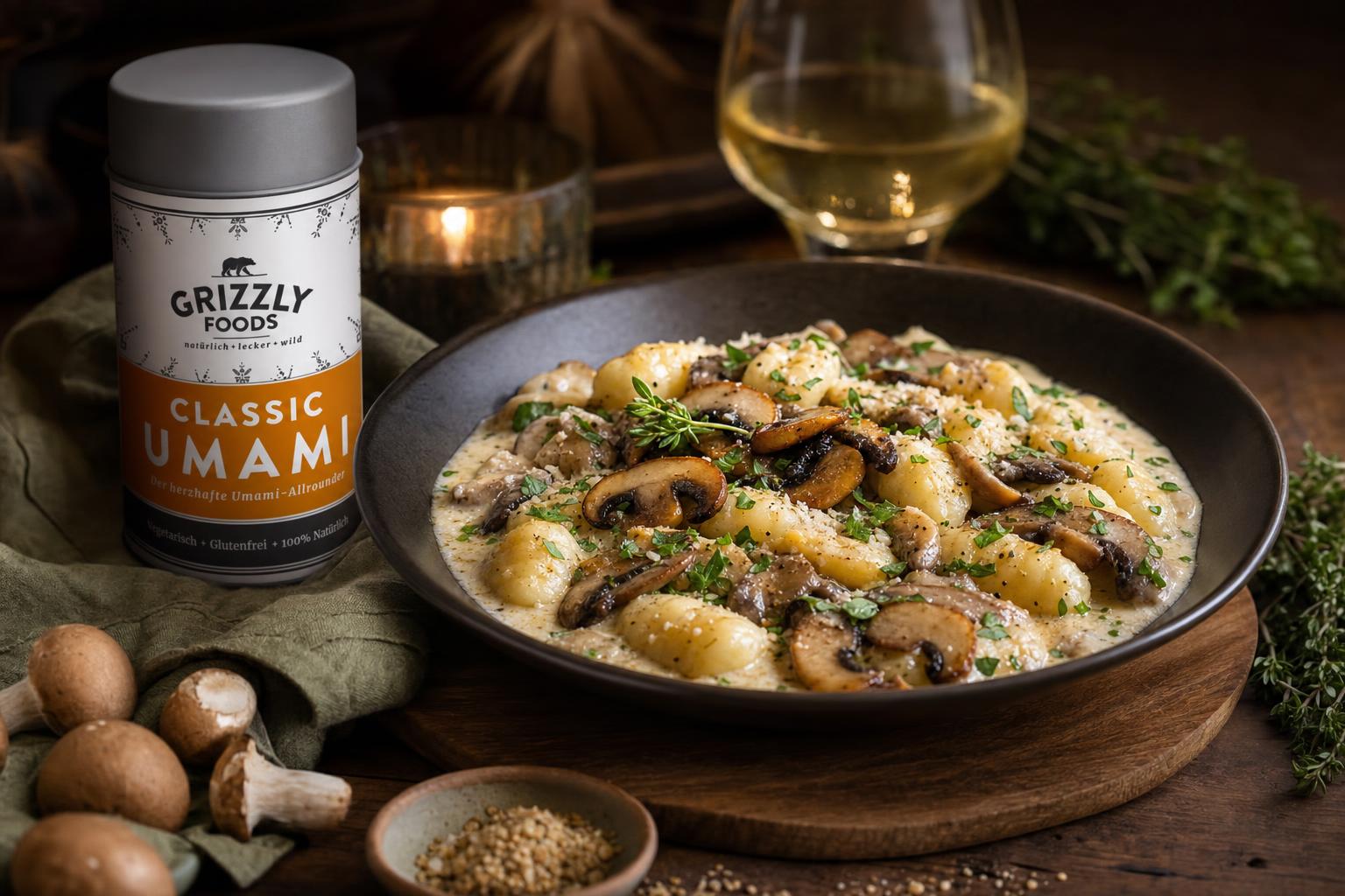 Gnocchi mit cremiger Pilzsauce und frischen Kräutern in dunkler Schale, goldbraune Pilze, serviert auf Holzplatte, gemütliche Stimmung