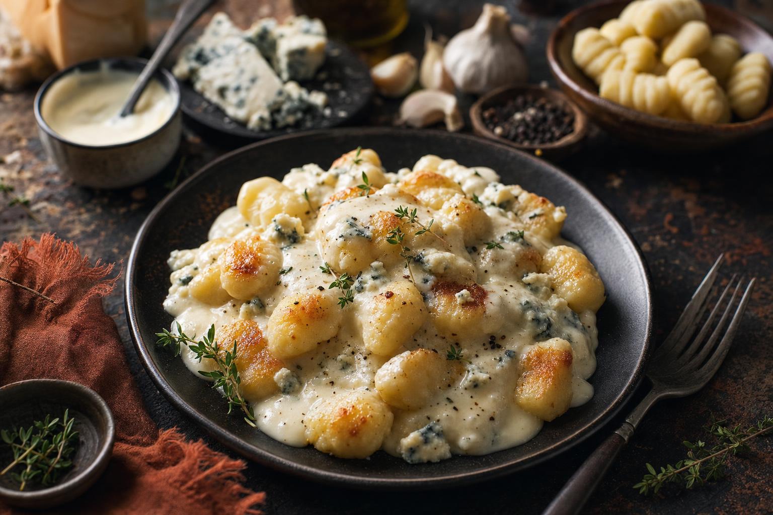 Gnocchi auf dunklem Teller mit cremiger Gorgonzola-Sauce, goldbraun angebratenen Stücken und frischen Kräutern, im Hintergrund Zutaten