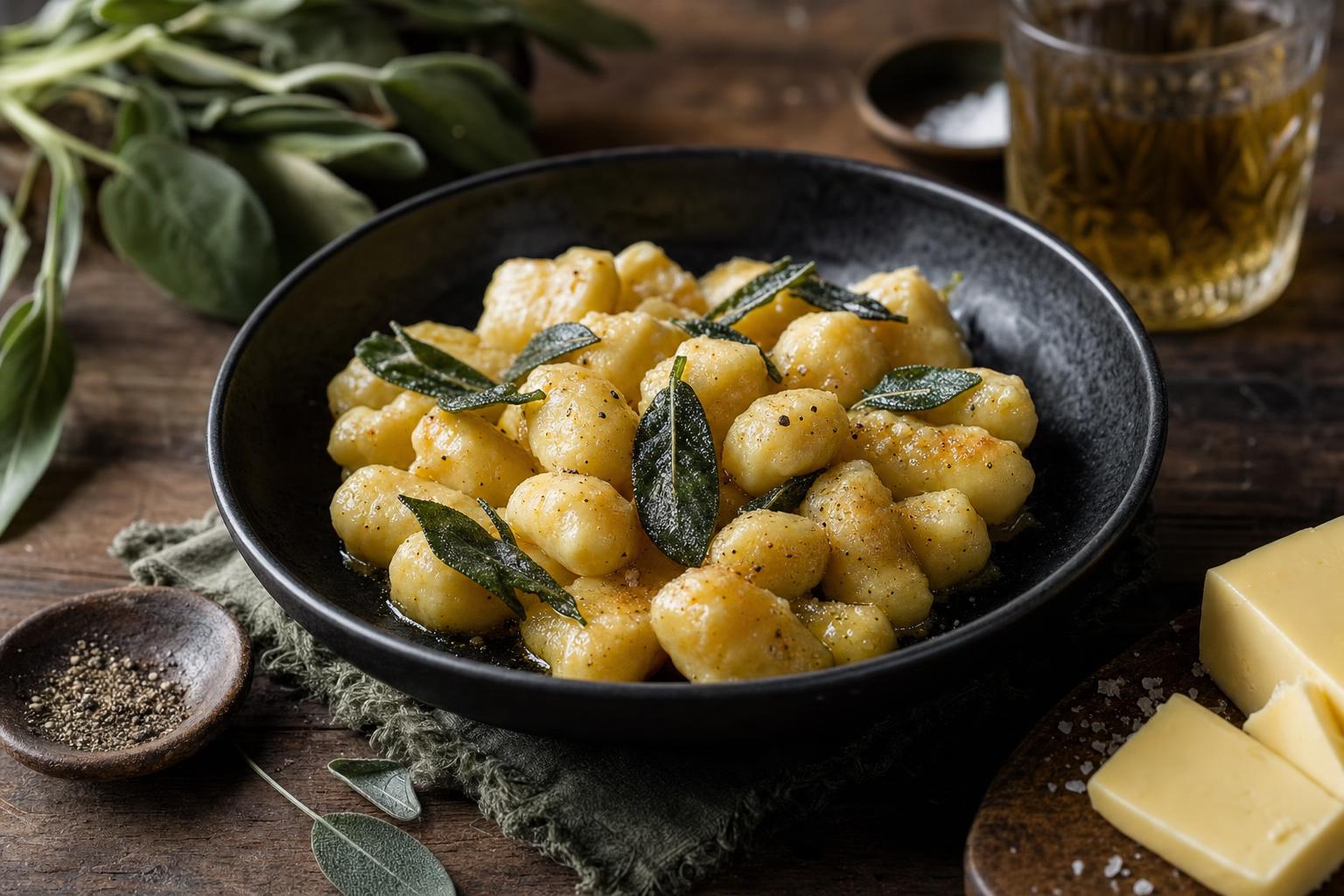 Schwarze Schale mit Gnocchi in goldener Butter-Salbei-Sauce, garniert mit frischen Salbeiblättern auf rustikalem Holztisch.