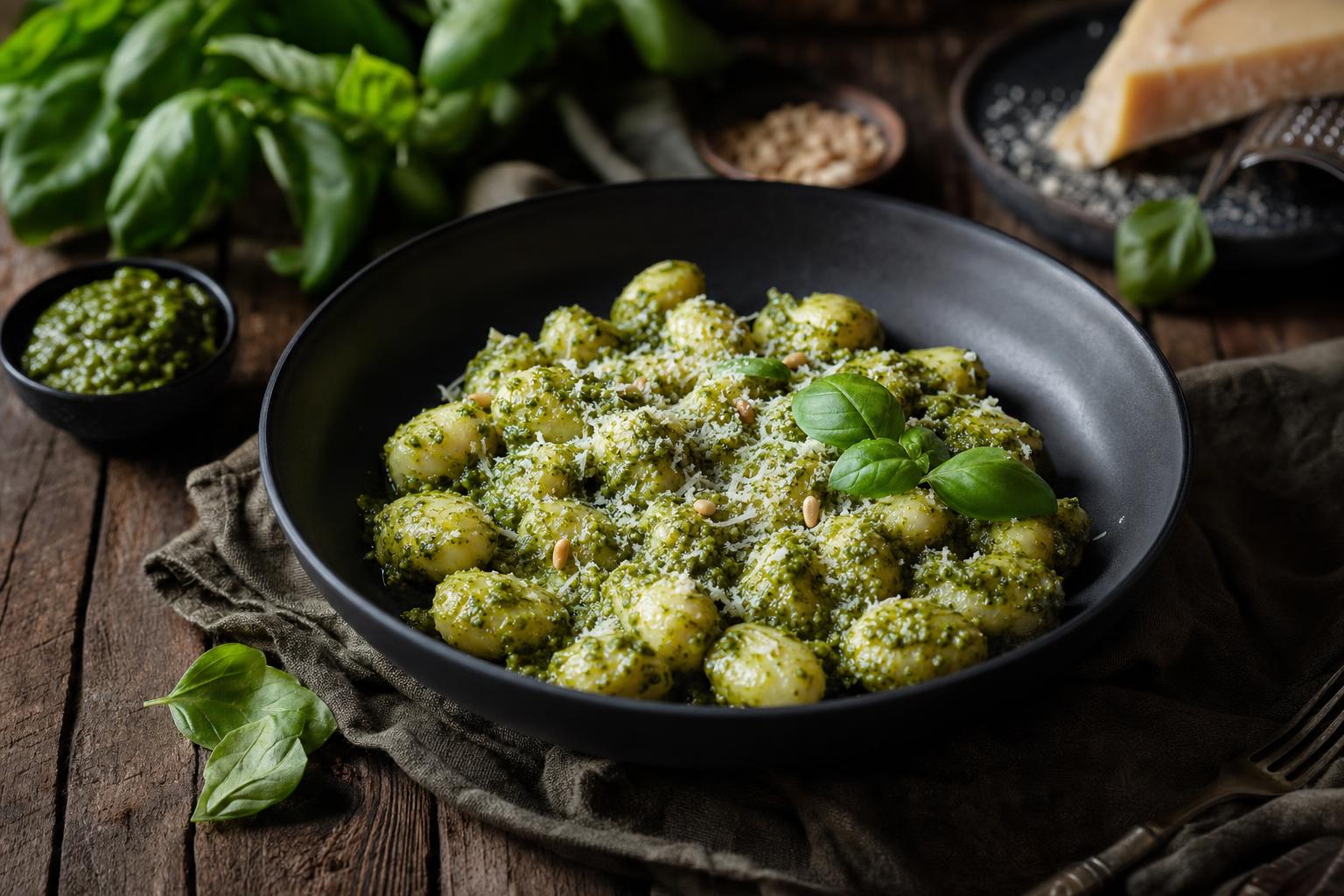 Gnocchi in grüner Pesto-Sauce, bestreut mit geriebenem Käse und frischem Basilikum, serviert in einer schwarzen Schale auf Holztisch.