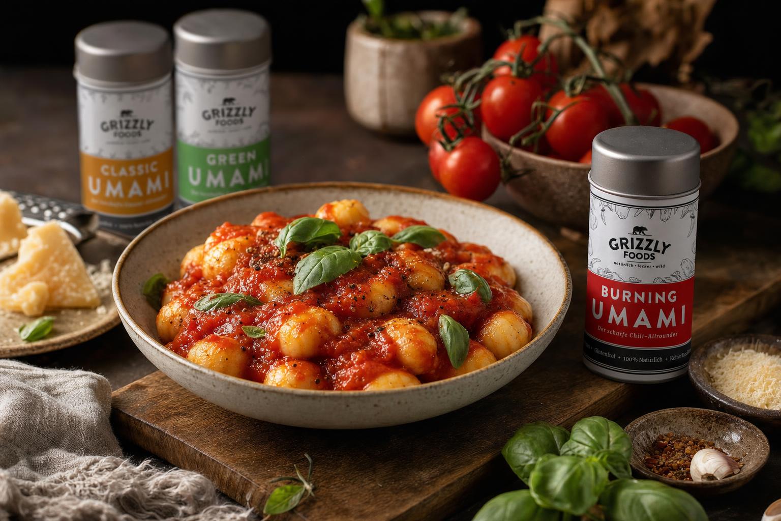 Gekochte Gnocchi mit leuchtend roter Tomatensauce und frischem Basilikum, serviert in einer Schale auf Holzbrett, umgeben von Zutaten.