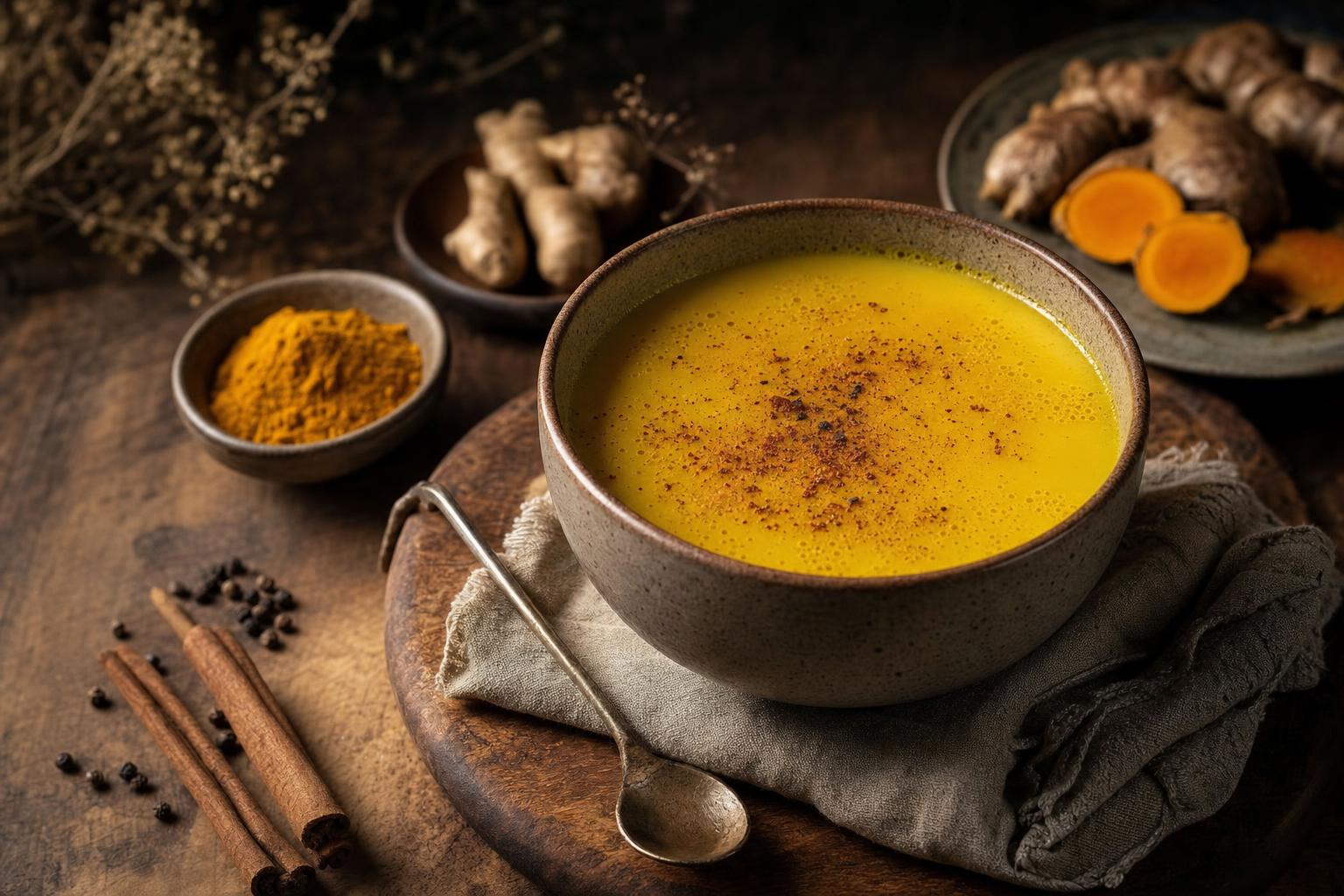 Keramiktasse mit goldgelber Knochenbrühe, bestreut mit Gewürzen, daneben Kurkumapulver und Zimtstangen auf Holzuntergrund.