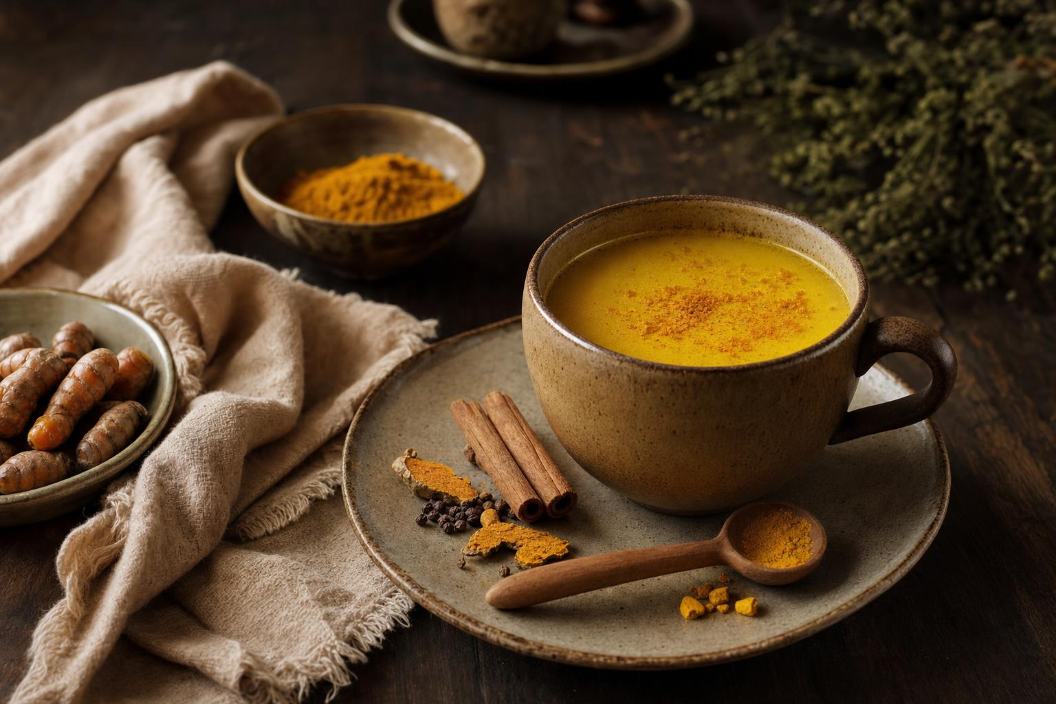 Keramiktasse mit goldgelber Knochenbrühe, bestreut mit Kurkuma, daneben Zimtstangen und eine Schale Kurkumapulver auf Holztisch.