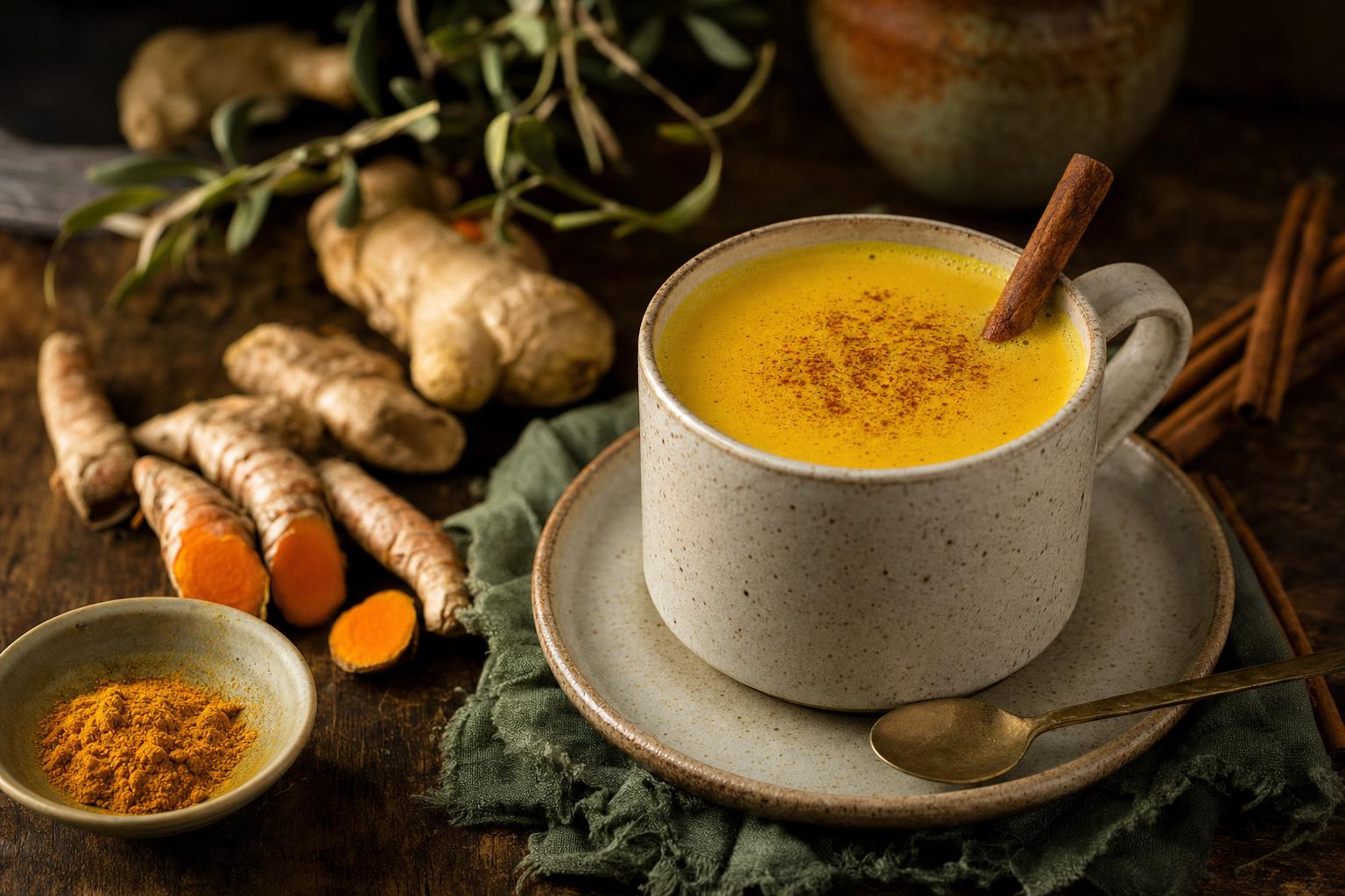 Ein Glas goldene Milch mit Zimtstange auf Holz, daneben frischer Ingwer, Kurkuma-Wurzeln und eine Schale mit gemahlenem Kurkuma.