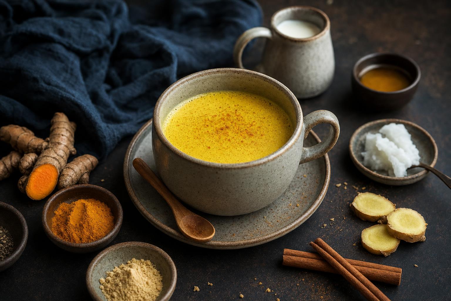 Ein Glas goldene Milch mit gelber Farbe, daneben Gewürze wie Kurkuma, Ingwer und Zimt auf einem hellen Untergrund.