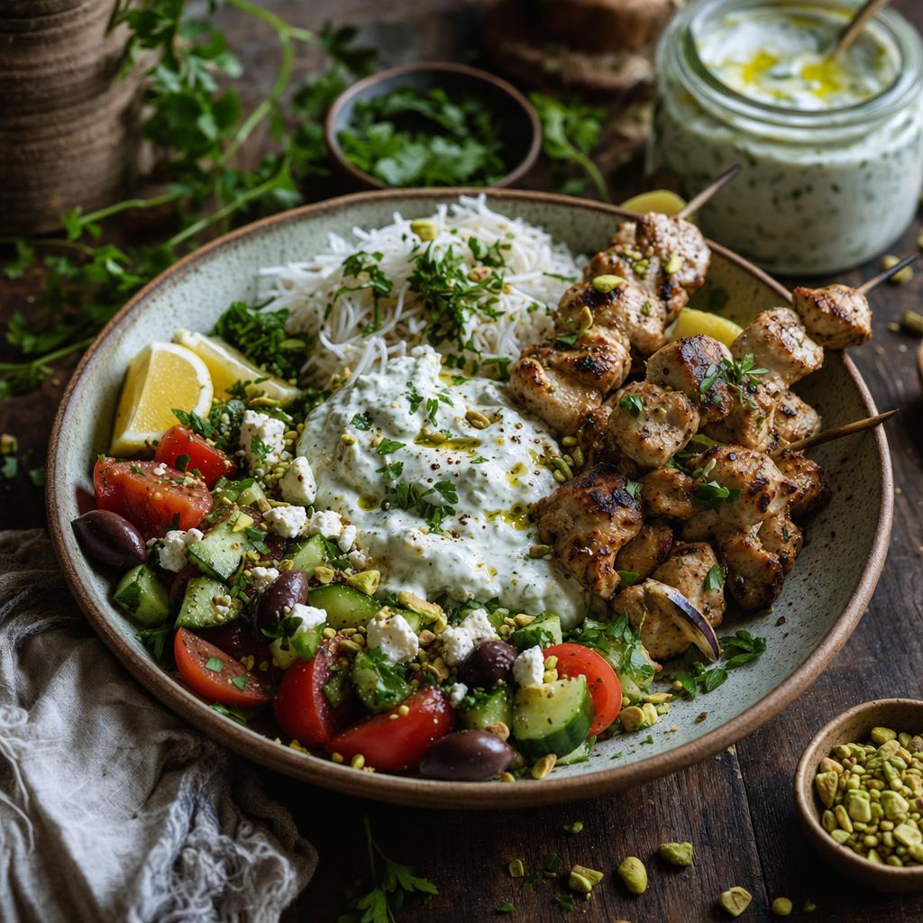 Bunte Bowl mit gegrilltem Hähnchensouvlaki, Reisnudeln, griechischem Salat, Tzatziki, Petersilie, Zitrone und Pistazien.