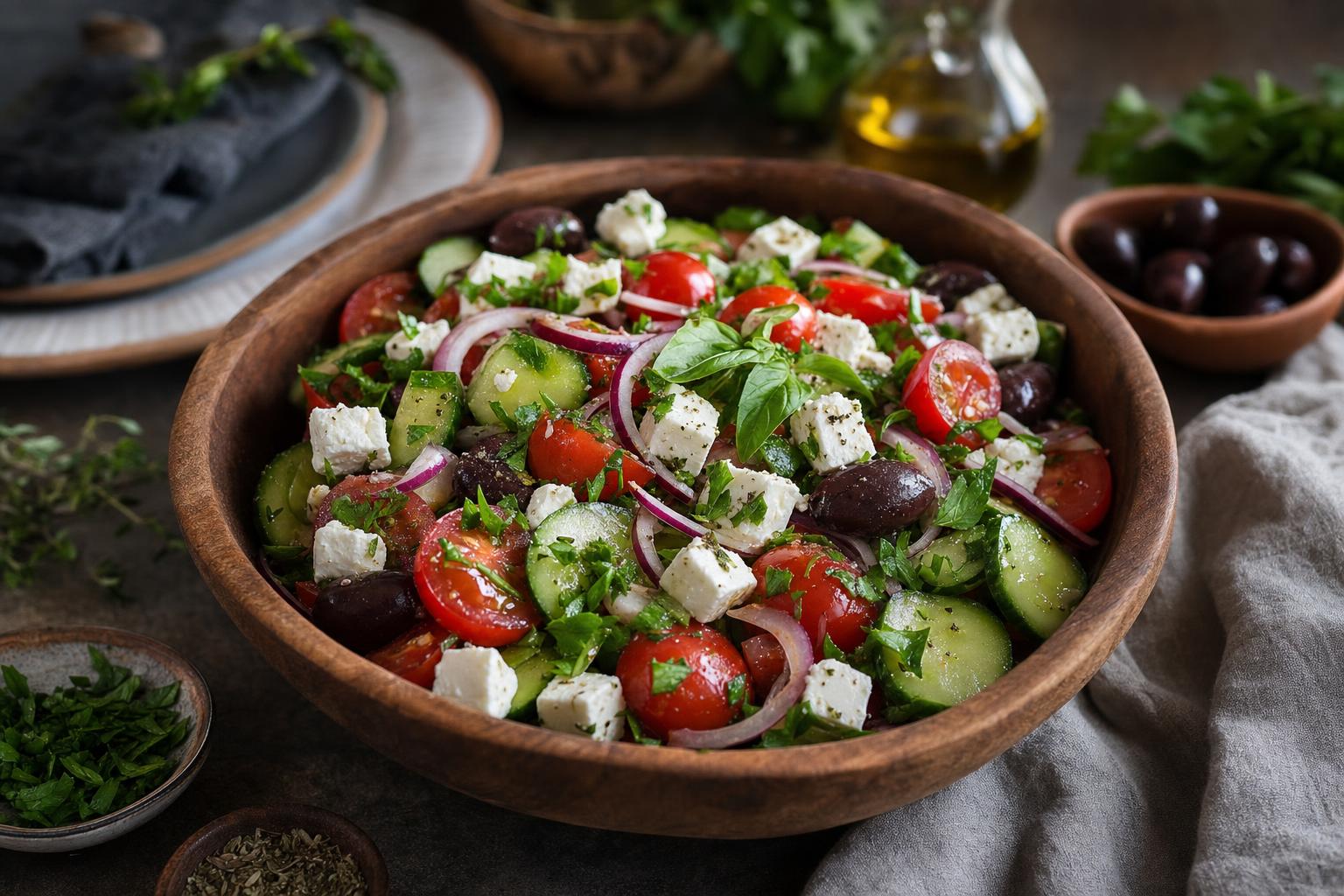 Große Holzschüssel mit griechischem Salat aus Gurken, Tomaten, roten Zwiebeln, Oliven und Feta, garniert mit frischen Kräutern.