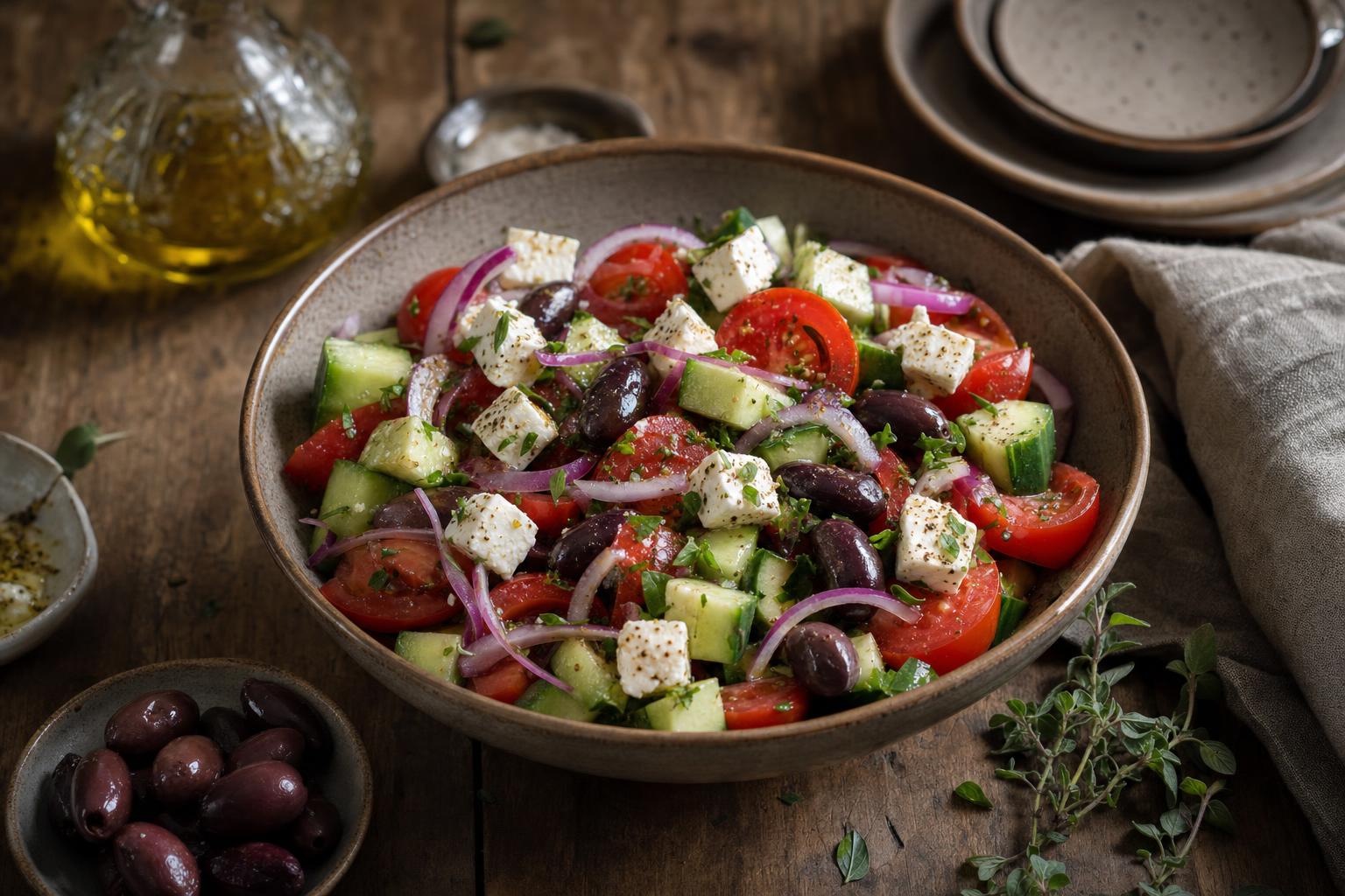 Große Schüssel mit griechischem Salat aus Gurken, Tomaten, roten Zwiebeln, Kalamata-Oliven, Feta und frischer Petersilie auf Holztisch.