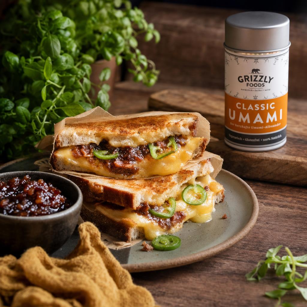 Gegrilltes Sandwich mit geschmolzenem Käse und Jalapeños, in Papier gehalten, daneben Kräuter und eine Schale Bacon Jam auf Holz.