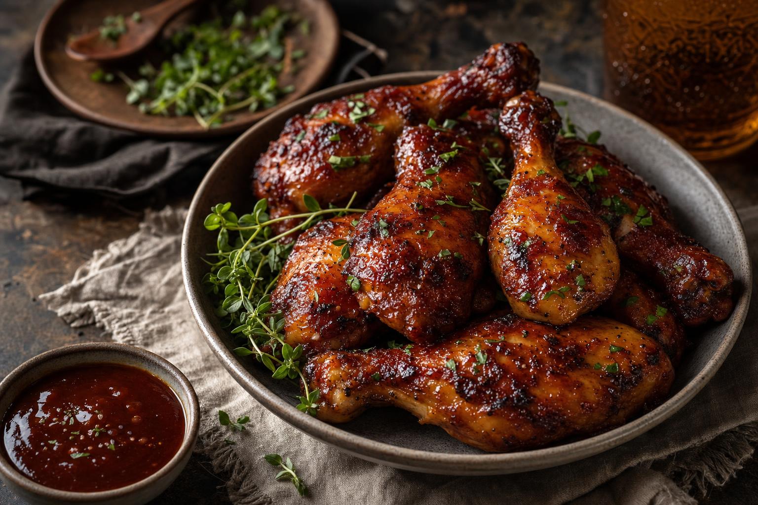 Knusprige Hähnchenschenkel mit glänzender BBQ-Sauce in einer Schale, garniert mit frischen Kräutern, daneben eine kleine Schale Sauce.