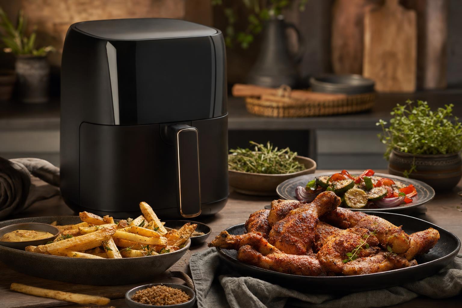 Ein moderner Airfryer auf einer Küchenarbeitsplatte, umgeben von knusprigen Hähnchenschenkeln, Pommes und frischen Kräutern.