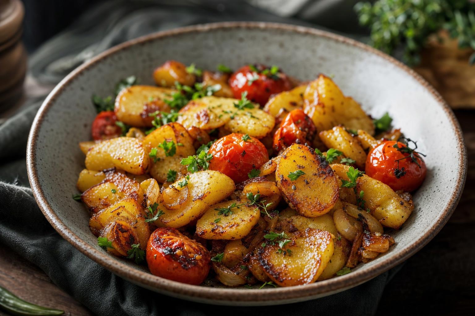 Knusprige, goldbraune Bratkartoffeln in der Pfanne mit gegrillten Kirschtomaten und frischer Petersilie garniert.
