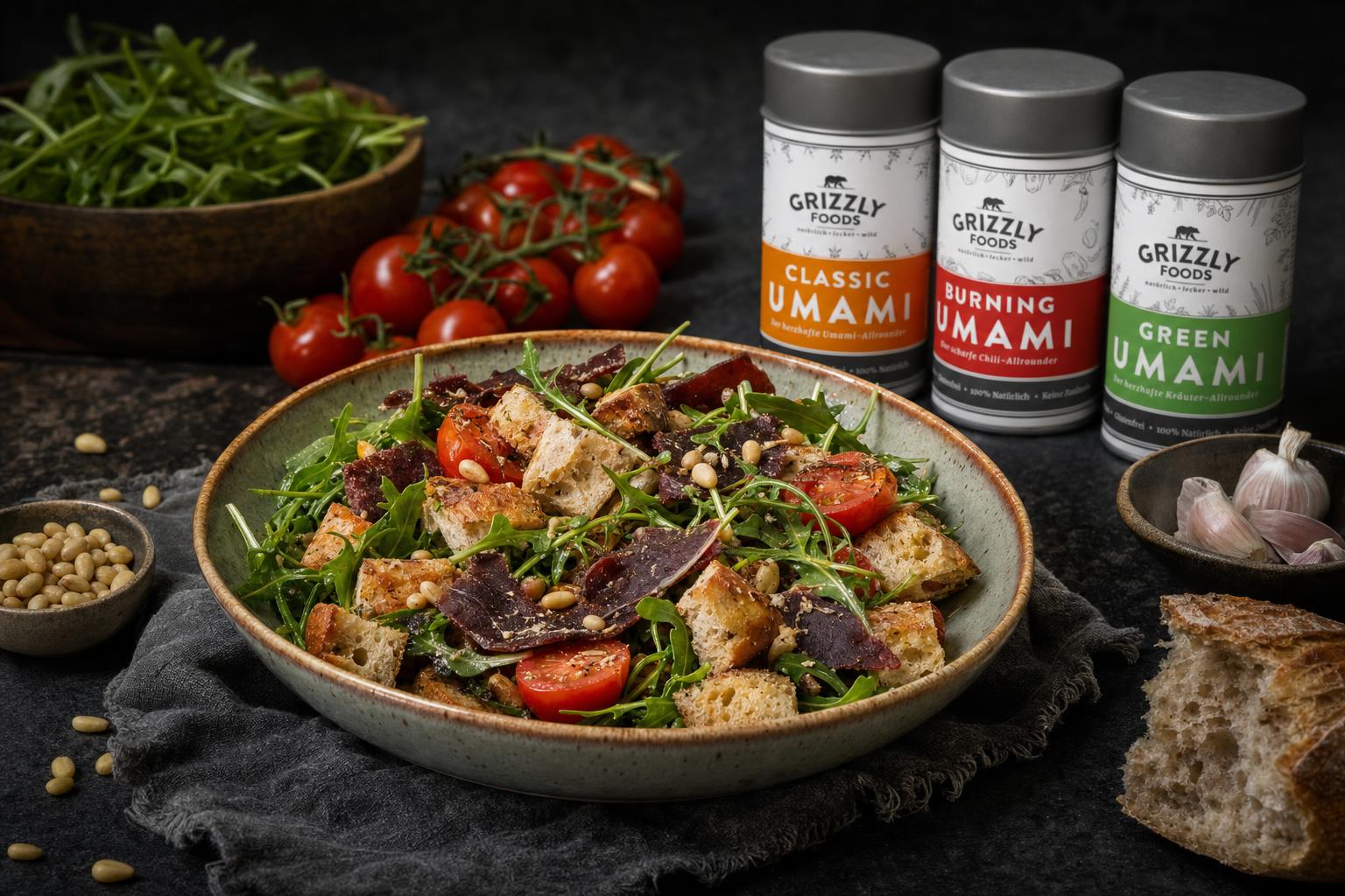 Brotsalat mit Ciabatta-Stücken, Rucola, Kirschtomaten, Beef Jerky und Pinienkernen auf einem Teller, daneben Dressing.