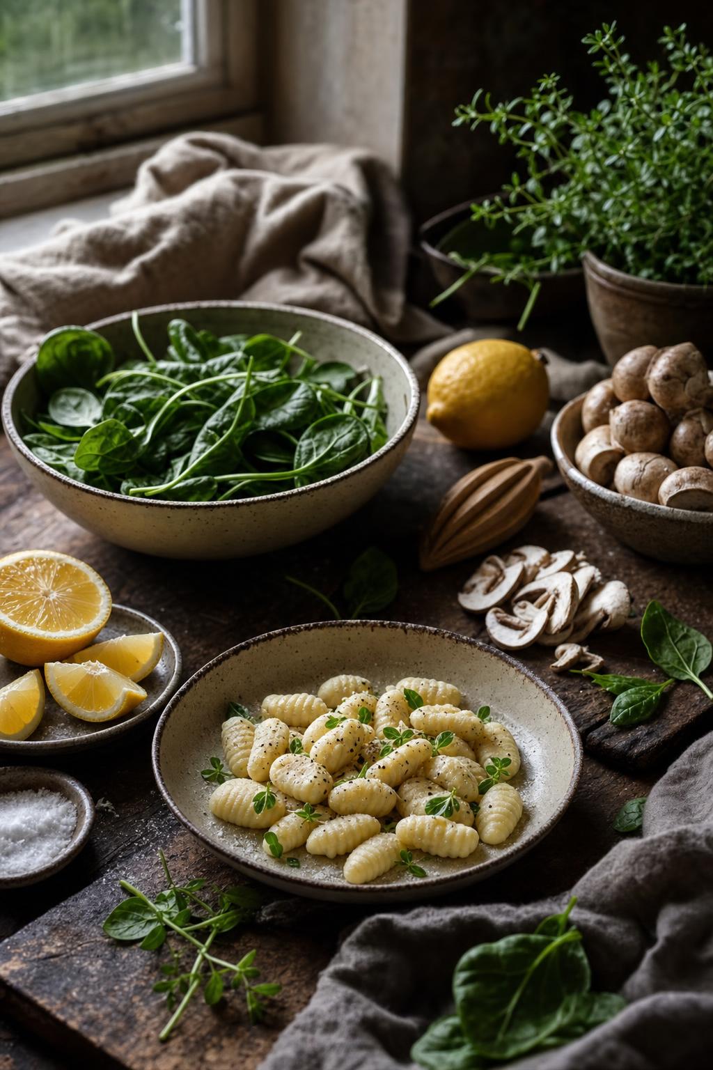 Hand schneidet frische Champignons auf einer Arbeitsfläche, daneben Schüssel mit Spinat, Teller mit Gnocchi und Zitronenspalten