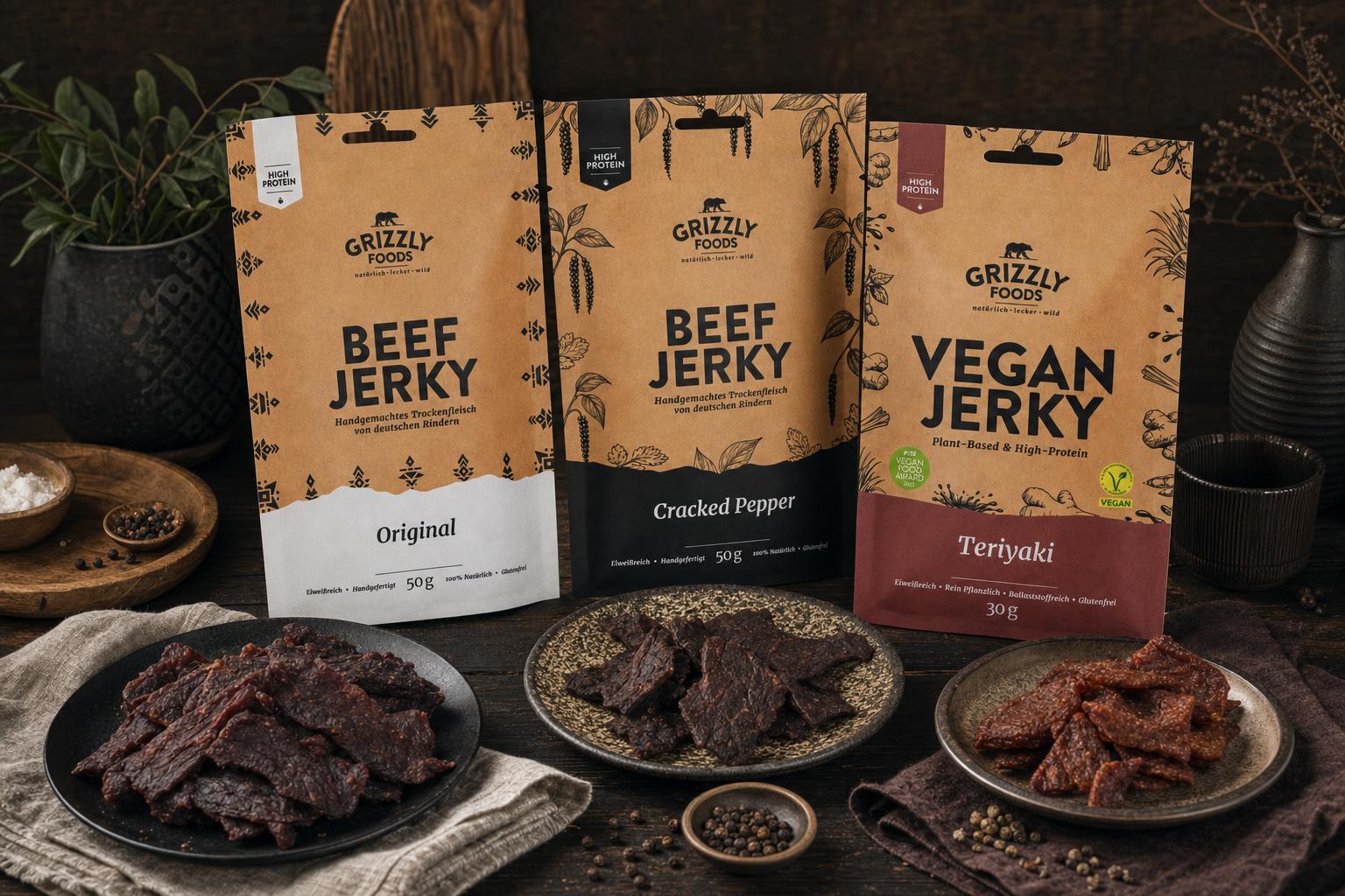 Verschiedene Packungen Rindfleisch- und veganem Jerky mit Jerky-Streifen auf dunklem Teller auf rustikalem Untergrund.