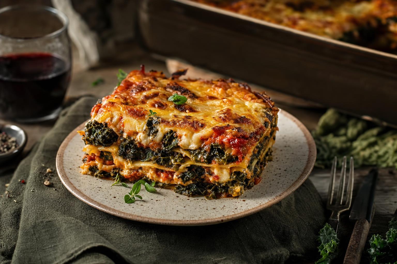 Ein Stück Grünkohl-Lasagne mit goldbrauner Käsekruste, sichtbaren Schichten aus Pasta, Grünkohl und Tomatensauce auf einem Teller.