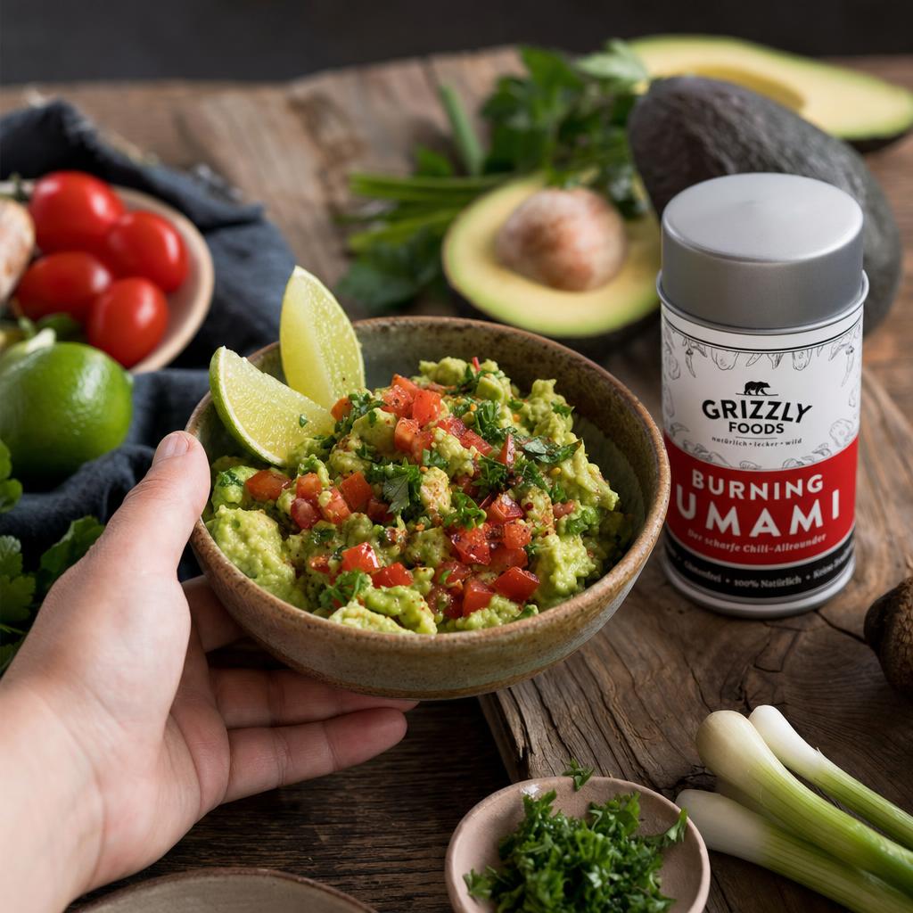 Schale mit frischer Guacamole, garniert mit Tomatenwürfeln, Kräutern und Limettenspalten, umgeben von Avocado, Limetten und Frühlingszwiebel