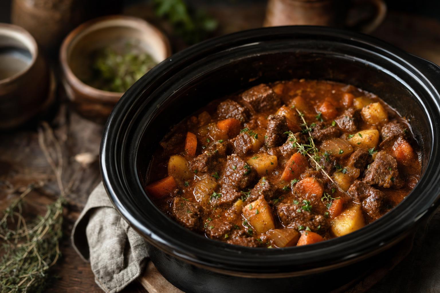 Gulasch mit Rindfleisch und Gemüse in dunkler Sauce, serviert im schwarzen Crockpot mit Metallschöpflöffel.