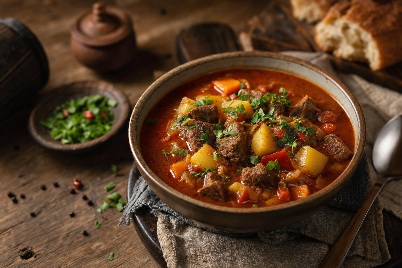 Schale mit Gulaschsuppe, darin Rindfleischstücke, Kartoffelwürfel und Gemüse in roter Brühe, garniert mit frischer Petersilie.