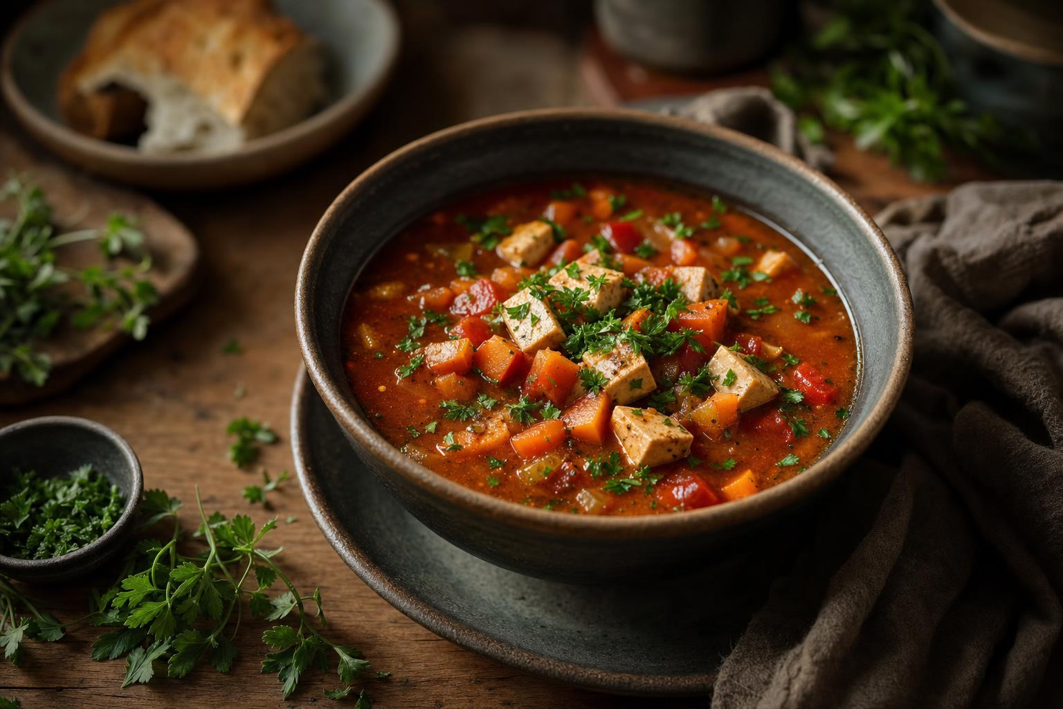 Vegane Gulaschsuppe mit Tofuwürfeln, Karottenstücken und frischer Petersilie in dunkler Schale auf Holzuntergrund serviert.