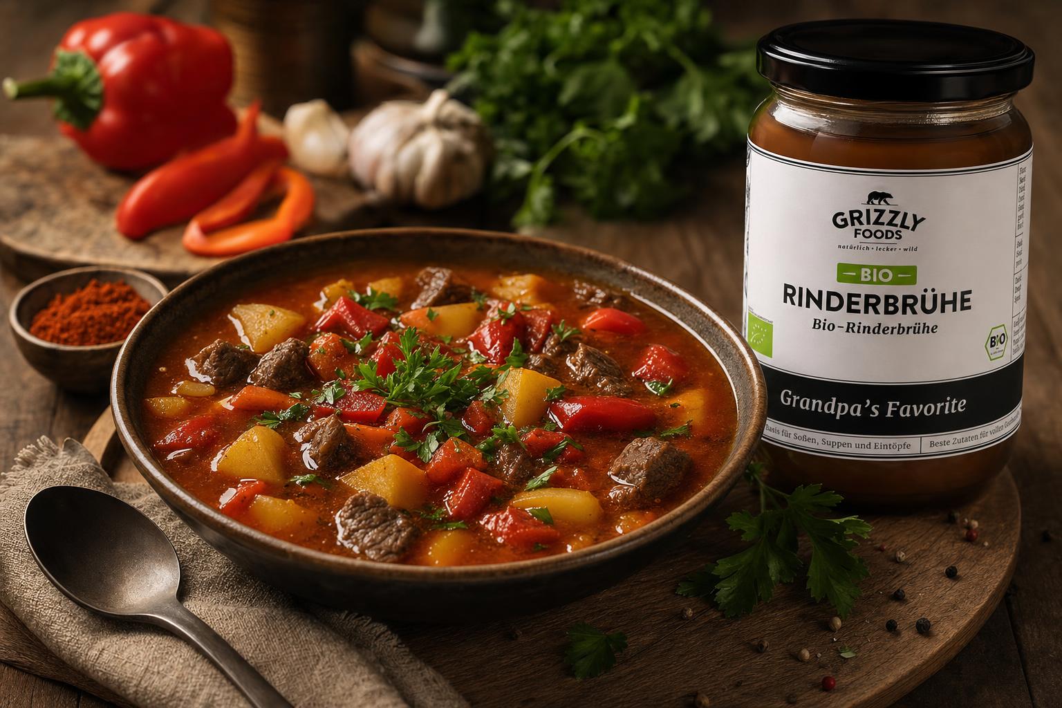 Gulaschsuppe mit Rindfleisch, Kartoffeln, Karotten und Paprika in roter Brühe, garniert mit Petersilie in einer dunklen Schale.