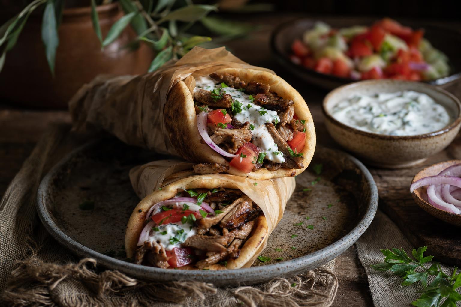Zwei Gyros-Wraps mit gegrilltem Fleisch, Tomatenwürfeln und frischen Kräutern auf einem Teller, dazu weiße Sauce und Beilagen im Hintergrund