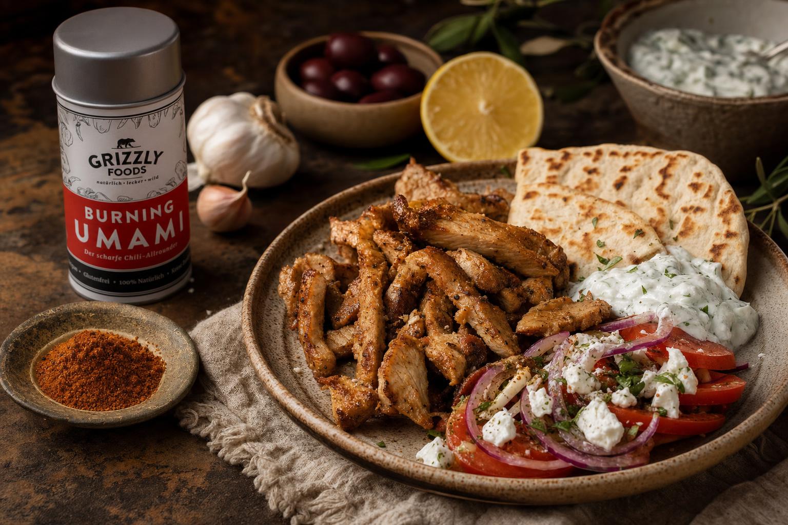 Gyros aus gebratenem Schweinefleisch, serviert mit Zwiebeln, Tomaten und Tzatziki auf einem Teller, dazu Fladenbrot.