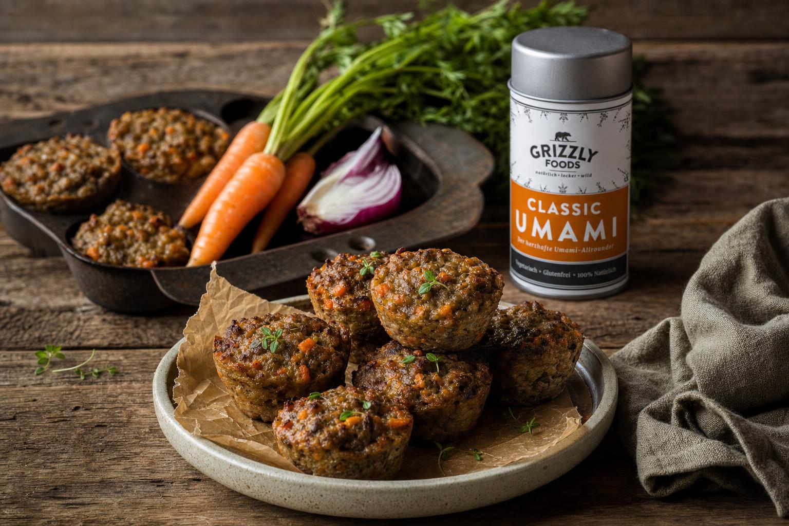 Herzhafte Muffins aus Hackfleisch und Karotten in einer Muffinform, daneben frische Karotten und rote Zwiebel auf Holztisch.