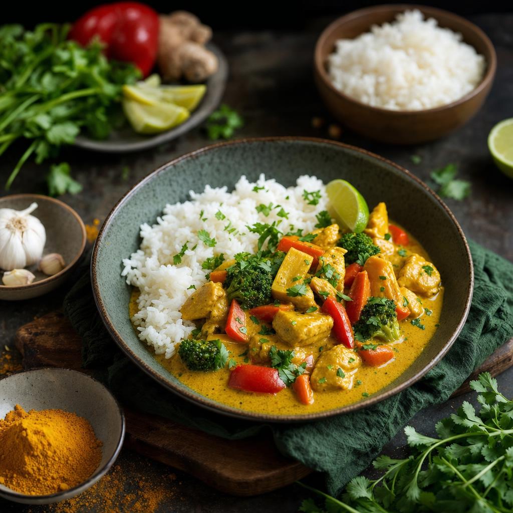 Cremiges Hähnchencurry mit buntem Gemüse in einer Schale, dazu weißer Reis und frische Kräuter als Garnitur, umgeben von Zutaten.