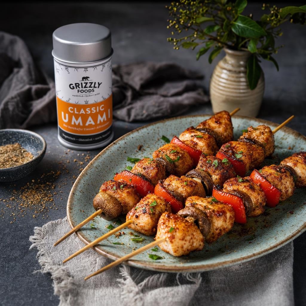 Drei gegrillte Hähnchenspieße mit Pilzen und Paprika auf hellblauem Teller, daneben Gewürzdose, auf hellem Tuch angerichtet.