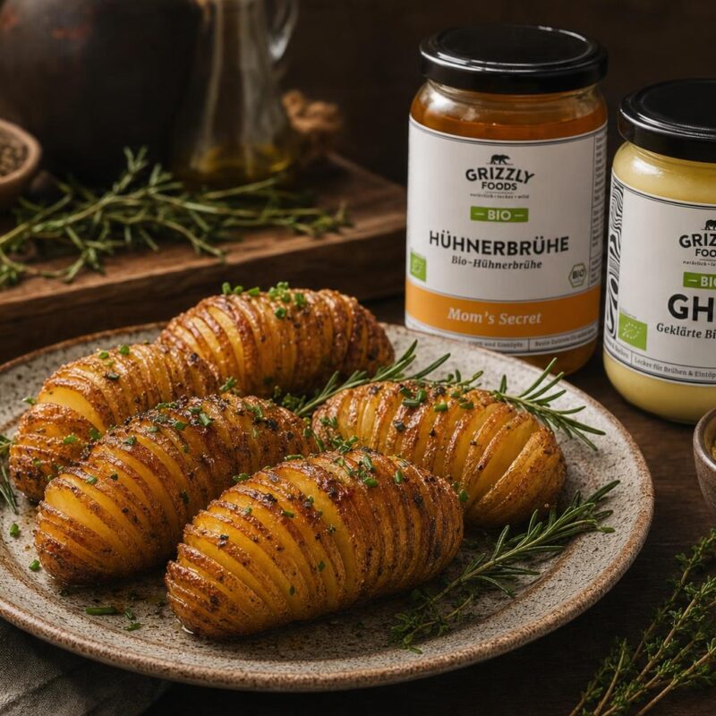 Mehrere goldbraune Hasselback-Kartoffeln mit knusprigen Fächer-Schnitten, frischen Kräutern und Butterglanz auf Keramikteller.