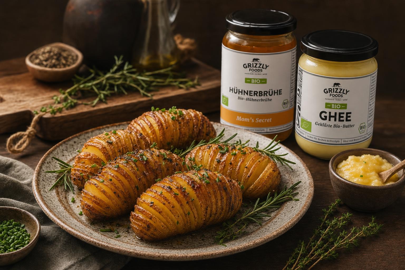Mehrere goldbraune Hasselback-Kartoffeln mit knusprigen Fächer-Schnitten, frischen Kräutern und Butterglanz auf Keramikteller.