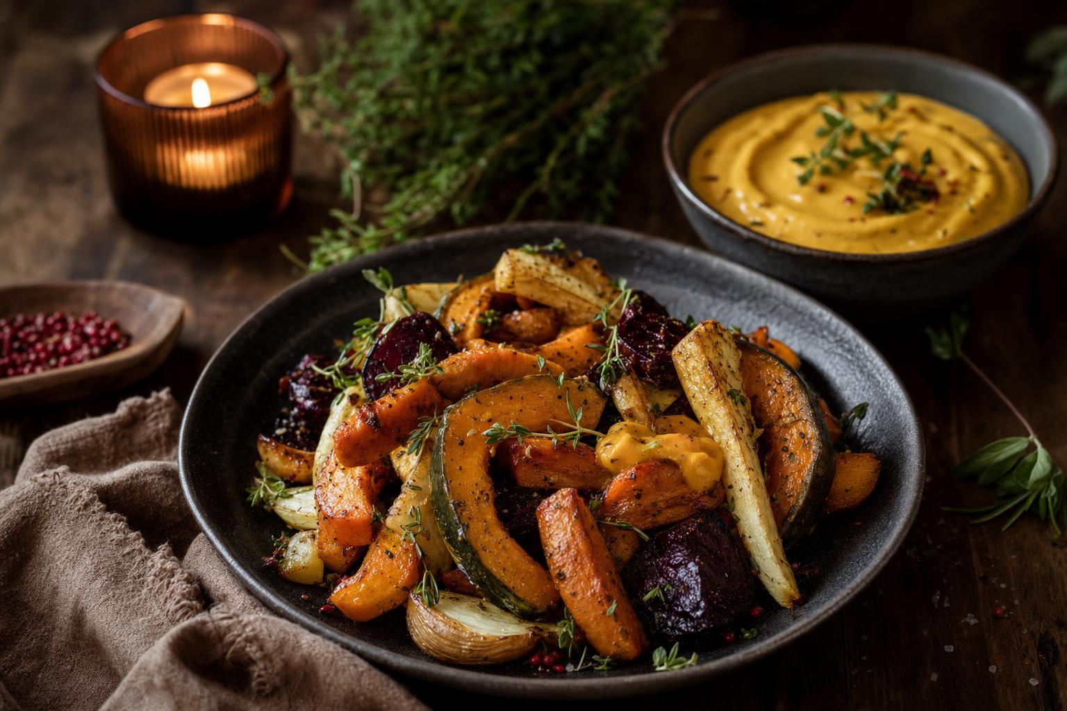 Geröstetes Herbstgemüse mit Kürbis, Süßkartoffeln und Wurzelgemüse auf dunklem Teller, dazu Schale mit cremiger Kürbissoße.