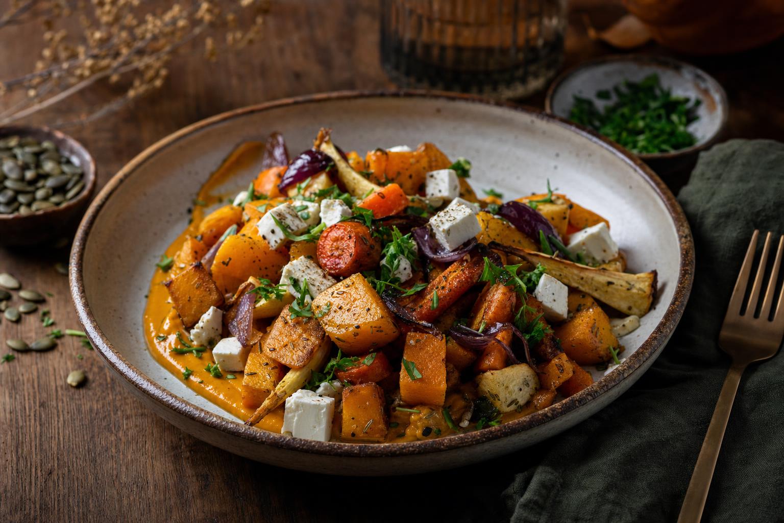 Buntes Ofengemüse mit veganem Feta, serviert mit cremiger Kürbissoße und frischen Kräutern auf einem Teller angerichtet.