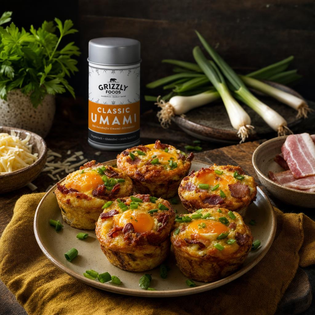 Herzhafte Muffins mit Bacon und Ei auf gelbem Teller, umgeben von frischen Kräutern, Frühlingszwiebeln, Käse und rohem Bacon.