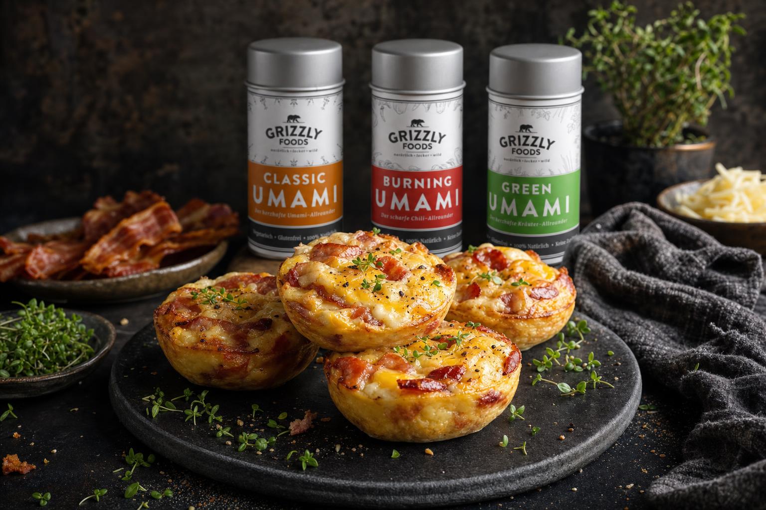 Sechs herzhafte Muffins mit Speck umwickelt, in der Mitte jeweils ein gebackenes Ei, bestreut mit frischen Kräutern und etwas Käse