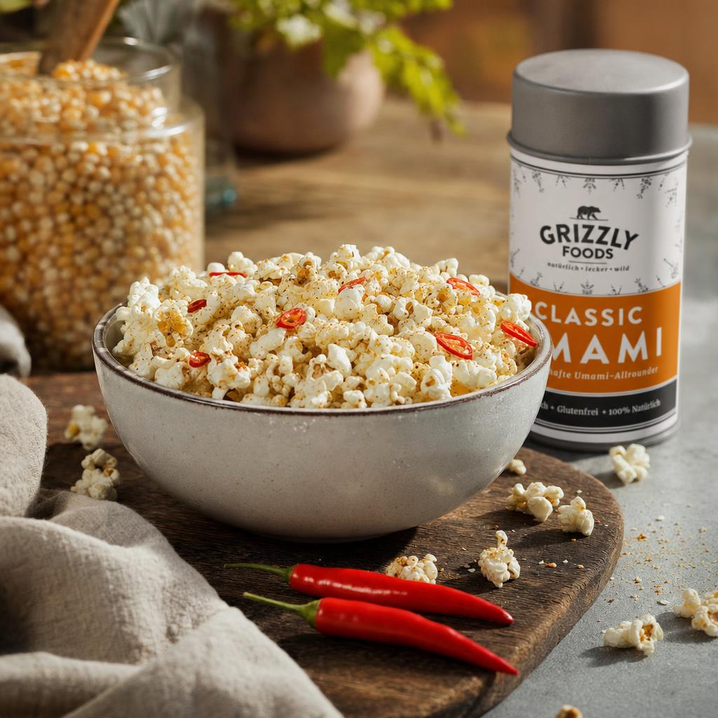 Schale mit gewürztem Popcorn und roten Chilistreifen, davor zwei frische Chilischoten, im Hintergrund Popcornmais und Gewürzdose.