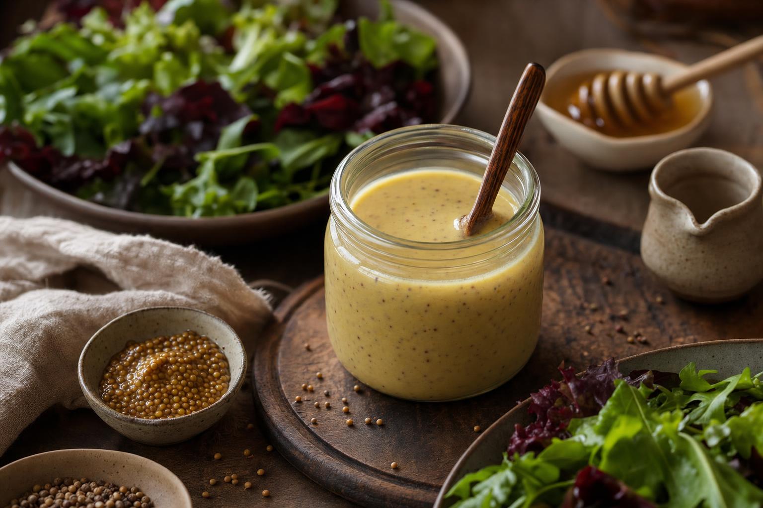 Ein Glas mit cremigem Honig-Senf-Dressing steht auf Holz, umgeben von frischem Salat, Senf und Honig im Hintergrund.