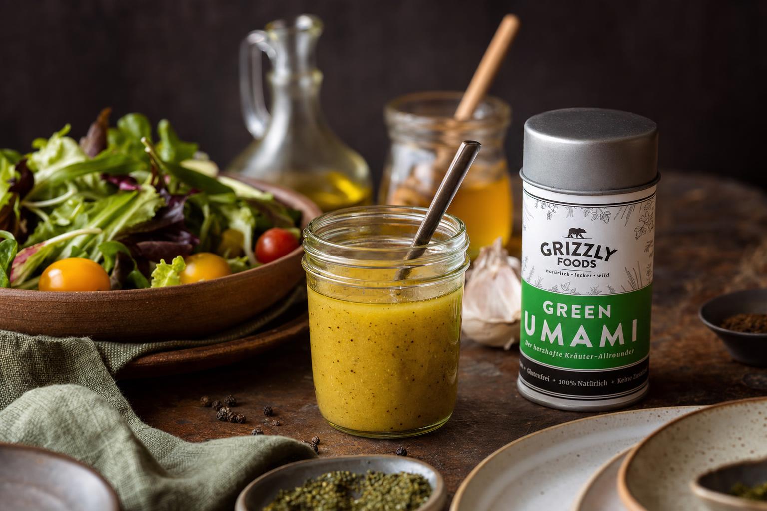 Kleines Glas mit cremigem, gelbem Honig-Senf-Dressing, daneben ein Löffel und frische Kräuter auf hellem Untergrund.
