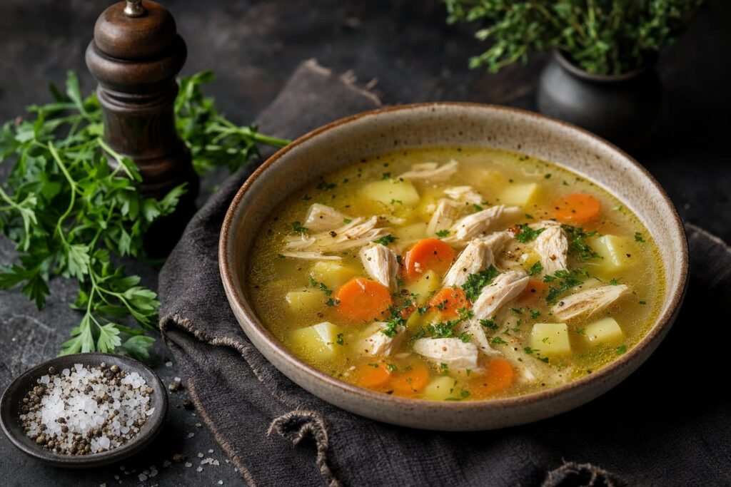 Eine Schale klare Hühnersuppe mit Hähnchenstücken, Karotten und Kartoffeln, daneben frische Kräuter, Salz und Pfeffer auf dunklem Untergrund