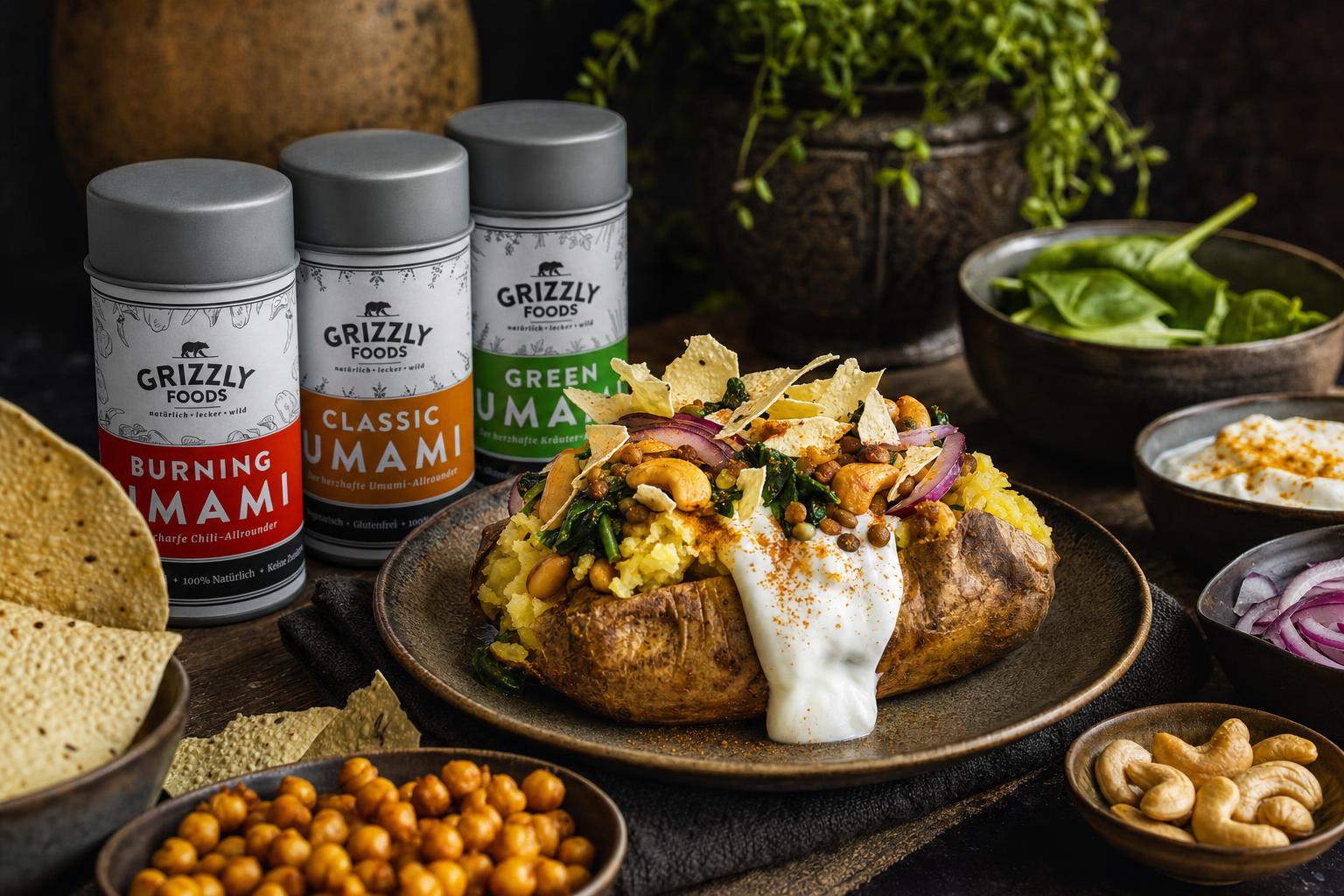 Ofenkartoffeln gefüllt mit Linsen Dal, Babyspinat, roten Zwiebeln, gerösteten Cashewnüssen, Kichererbsen und Curry-Joghurt-Dip