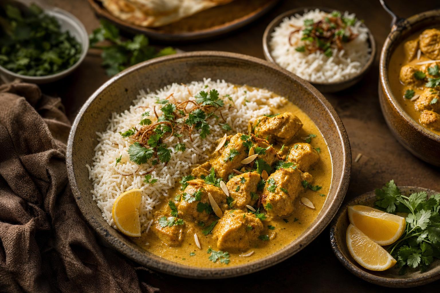 Schale mit Chicken Korma und weißem Basmati-Reis, garniert mit frischen Kräutern und Zitronenspalten auf einem Holztisch.