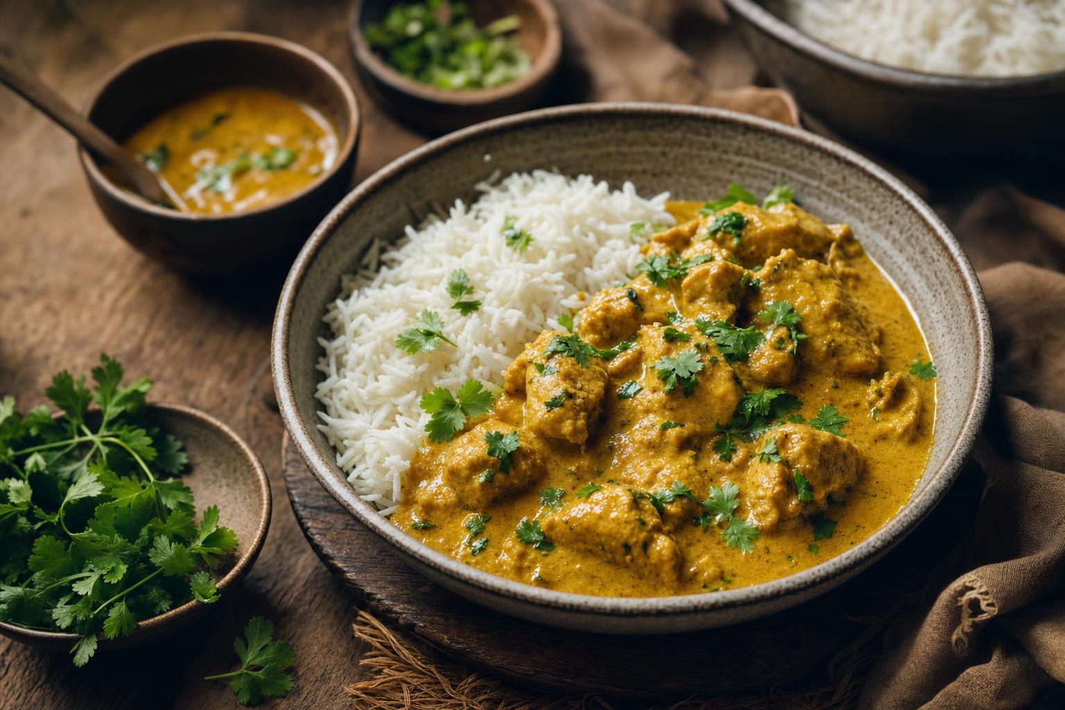 Hähnchen-Korma in cremiger, goldener Sauce mit Basmatireis und frischem Koriander, serviert in einer Schale auf Holzuntergrund.