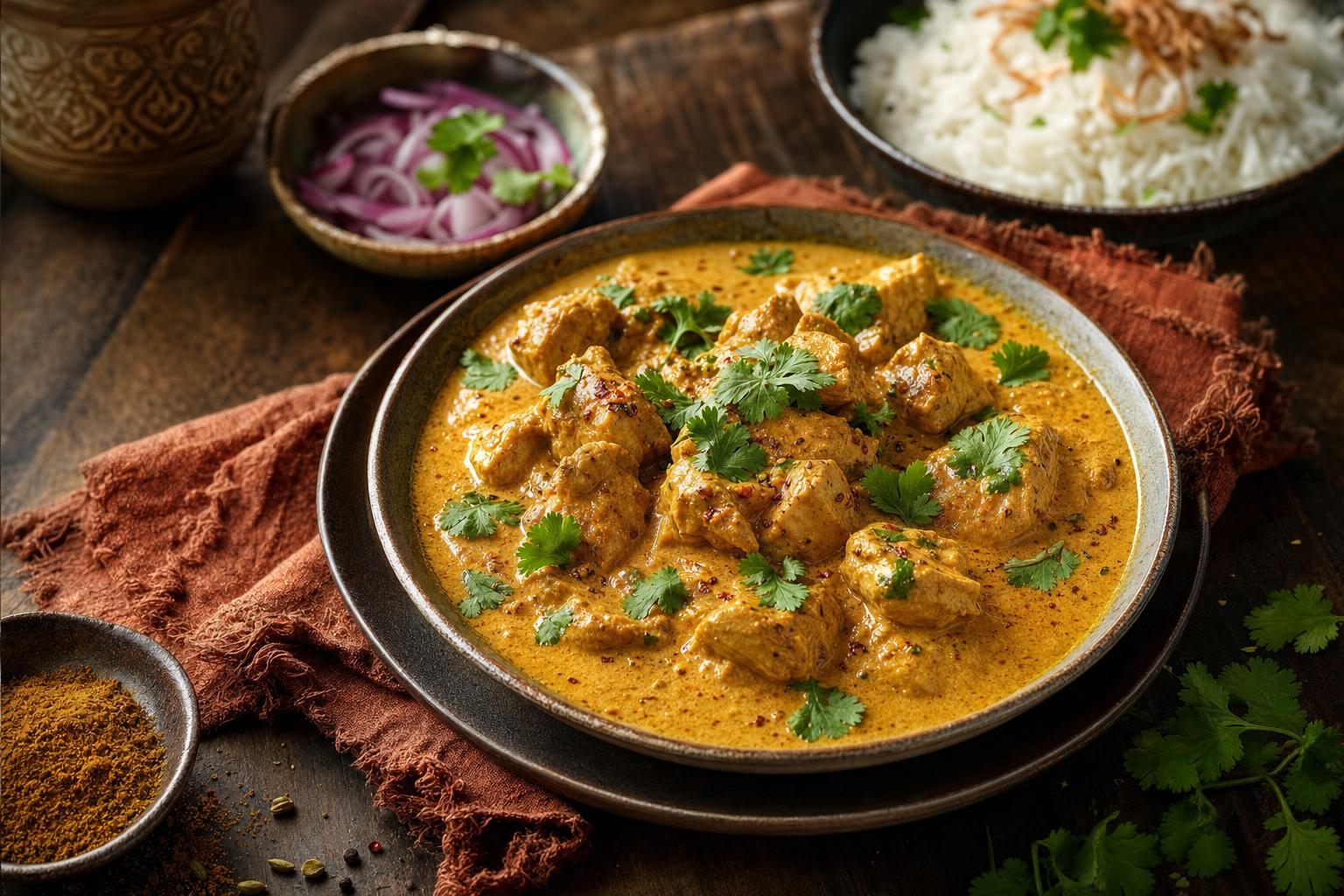 Cremiges Chicken Korma mit frischem Koriander, serviert mit weißem Reis, roten Zwiebeln und Gewürzen auf rustikalem Holztisch.
