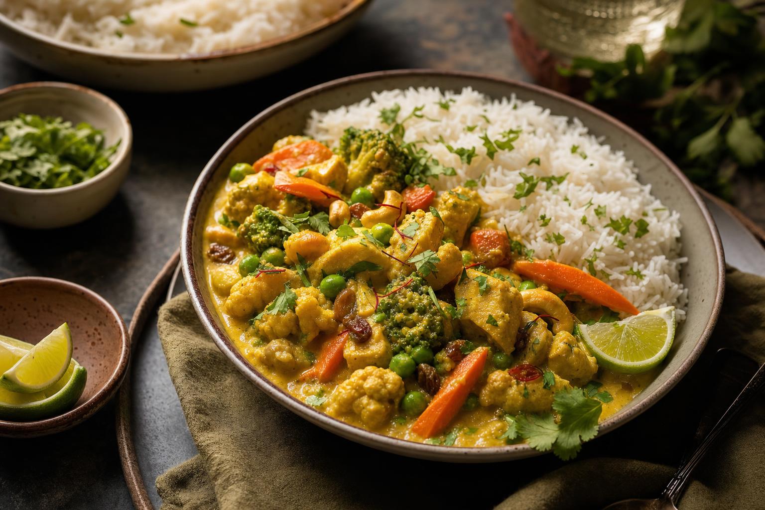 Bunte Schale Navratan Korma mit Gemüse in cremiger Sauce, serviert mit weißem Reis, frischen Kräutern und Limettenspalten.