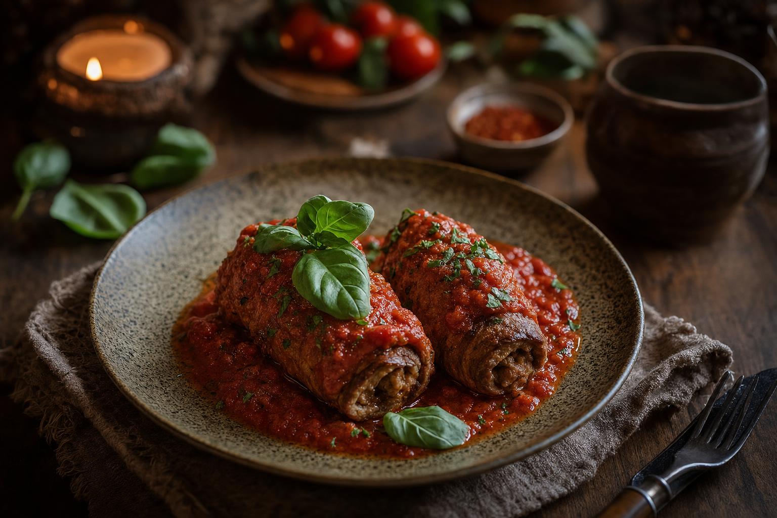 Zwei gerollte Fleisch-Involtini mit Tomatensoße und frischem Basilikum auf einem Teller, im warmen Kerzenlicht serviert.