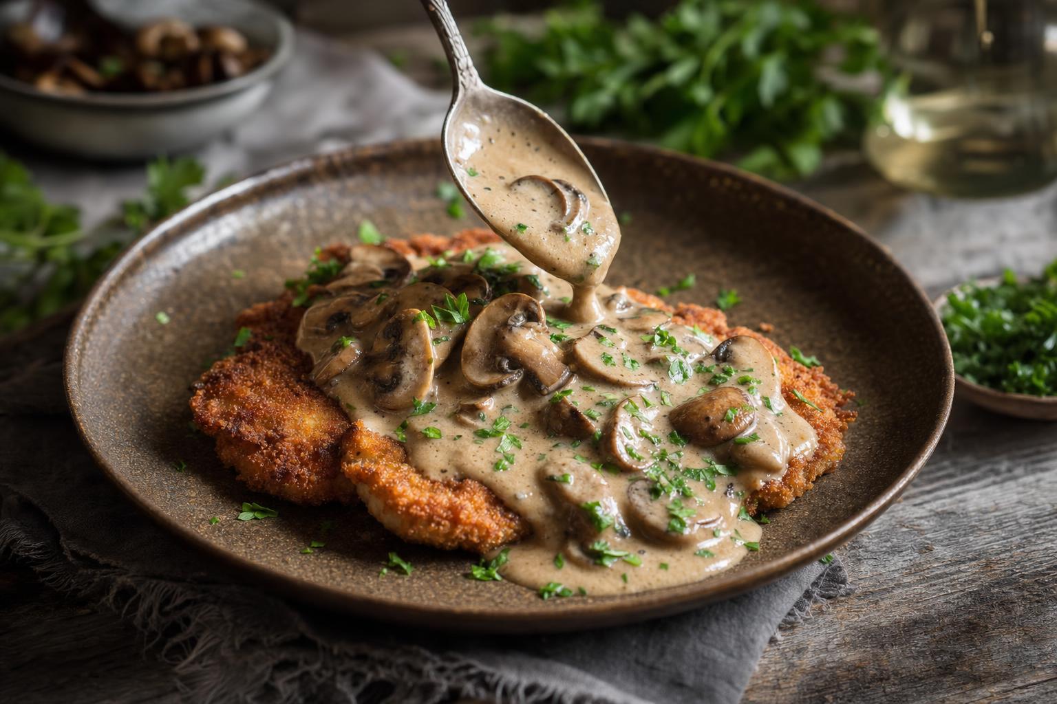 Paniertes Schnitzel auf Teller, mit cremiger Pilzsoße übergossen und frischer Petersilie garniert.