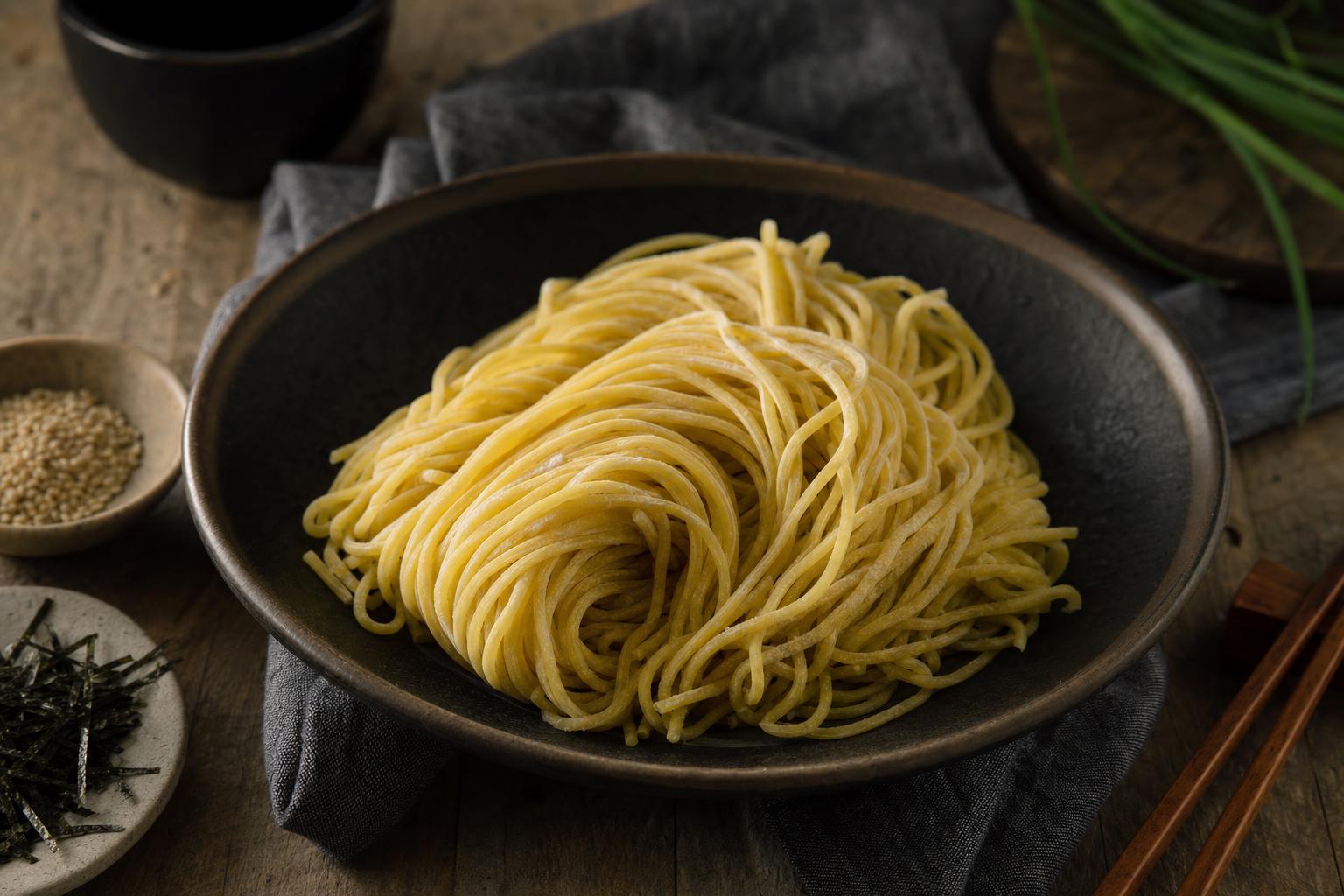 Mehrere Nester ungekochter, hellgelber Ramen-Nudeln mit matter Oberfläche und feinen, ordentlich gebündelten Strängen.