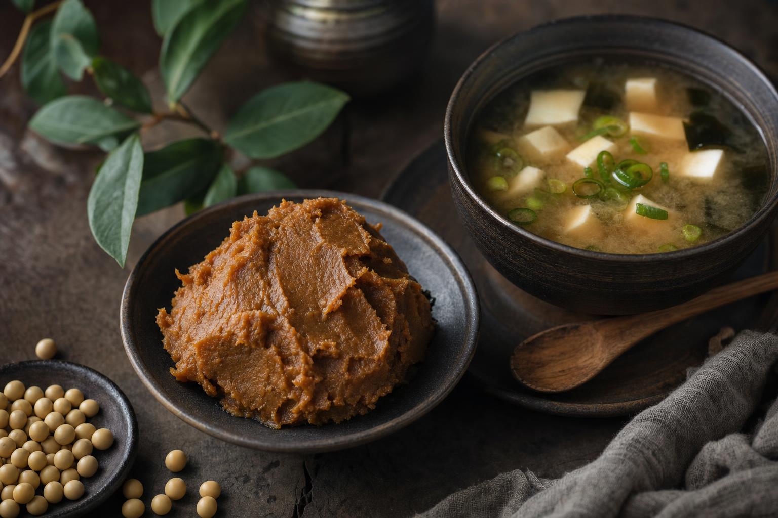 Schale mit Misopaste neben einer Schale Misosuppe mit Frühlingszwiebeln und Tofu auf dunklem Holz, grüne Blätter im Hintergrund